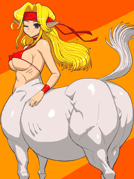 accessory anus belly big_belly big_breasts bikini bikini_top blonde_hair blue_eyes bottomless breasts butt choker clothed clothing covered_nipples erect_nipples female genitals hair headband humanoid_pointy_ears jewelry long_hair looking_back micro_bikini midriff monster_girl_(genre) necklace nipples one_eye_closed orange_background pointy_ears pregnant pregnant_female pregnant_taur pussy raised_tail ribbons ribs side_boob simple_background skimpy smile solo swimwear tail taur_lower_pregnancy two-piece_swimsuit under_boob waist_turned wink wristband tenseiani european_mythology greek_mythology mythology sega shining_(sega) shining_force mae_(shining) centaur equid equid_taur humanoid_taur mammal mammal_taur taur 3:4 aliasing digital_media_(artwork)