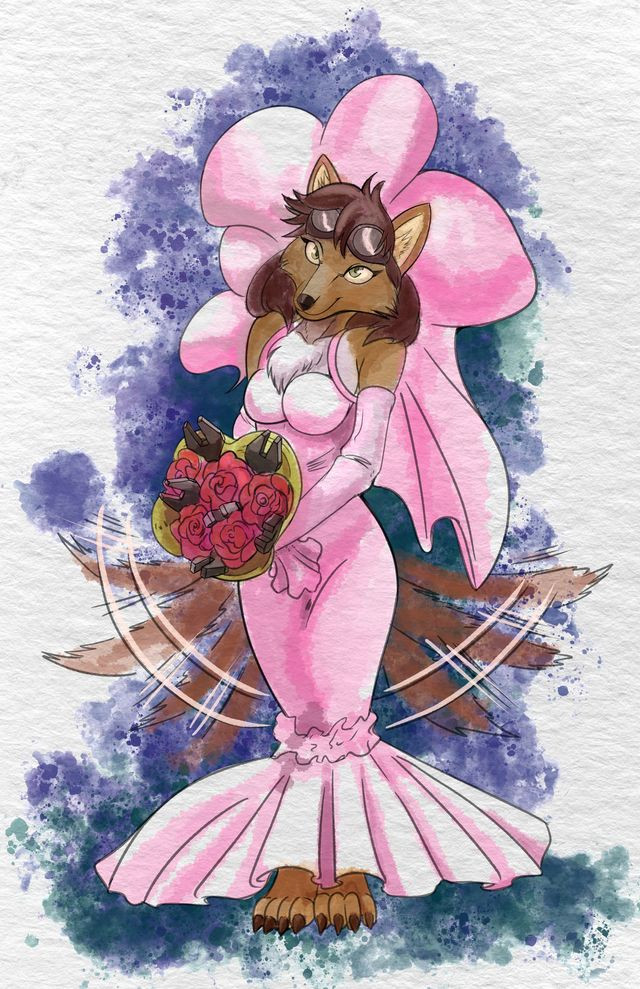 Traditional artwork of Florence the Anthro wolf, from the long-running Furry webcomic Freefall, in a pink wedding dress.  The collar of the dress is shaped like a huge flower, she has her work goggles on her forehead, and her rose bouquet includes an equal number of wrenches.  Though her expression is placid, her tail is blur of ecstatic wagging.