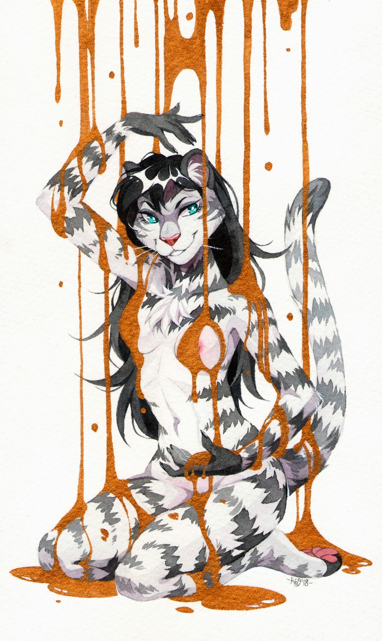 anthro black_body black_fur black_hair breasts clothing female fur genitals green_eyes hair liquid long_hair nipples nude pussy solo stripes white_body white_fur rinkusu69 jasmine_miller felid mammal pantherine siberian_tiger tiger 2018 hi_res traditional_media_(artwork)