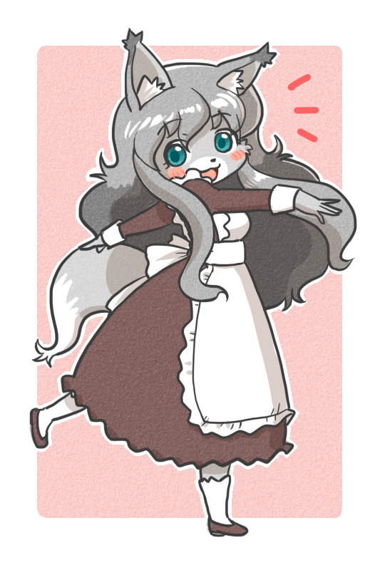 alternative_fashion anthro blue_eyes blush chibi classic_lolita clothing female fur grey_body grey_fur grey_hair hair j-fashion kemono lolita_(fashion) long_hair open_mouth solo kin-shun moco_(kin-shun) canid canine canis mammal wolf