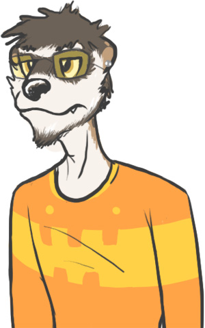 anthro beard black_nose bored brown_body brown_fur brown_hair clothing ear_piercing eyewear facial_hair facial_markings fangs fur glasses hair head_markings male markings mask_(marking) orange_clothing orange_shirt orange_topwear piercing shirt simple_background solo teeth topwear white_background white_body white_fur yellow_clothing yellow_eyes yellow_shirt yellow_topwear ritts nate_(ritts) ictonychine mammal marbled_polecat mustelid musteline polecat_(mustelid) 2008 low_res