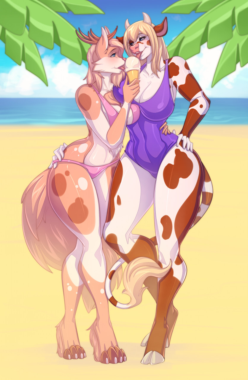 beach blonde_hair blue_eyes blush breasts clothed clothing curvy_figure dessert duo eating female female/female food hair hand_on_hip hourglass_figure ice_cream licking_food one-piece_swimsuit outside seaside sharing_food small_waist swimwear wide_hips knight_dd meuna sarimoo bovid bovine canid canine cattle deer fox hybrid mammal hi_res