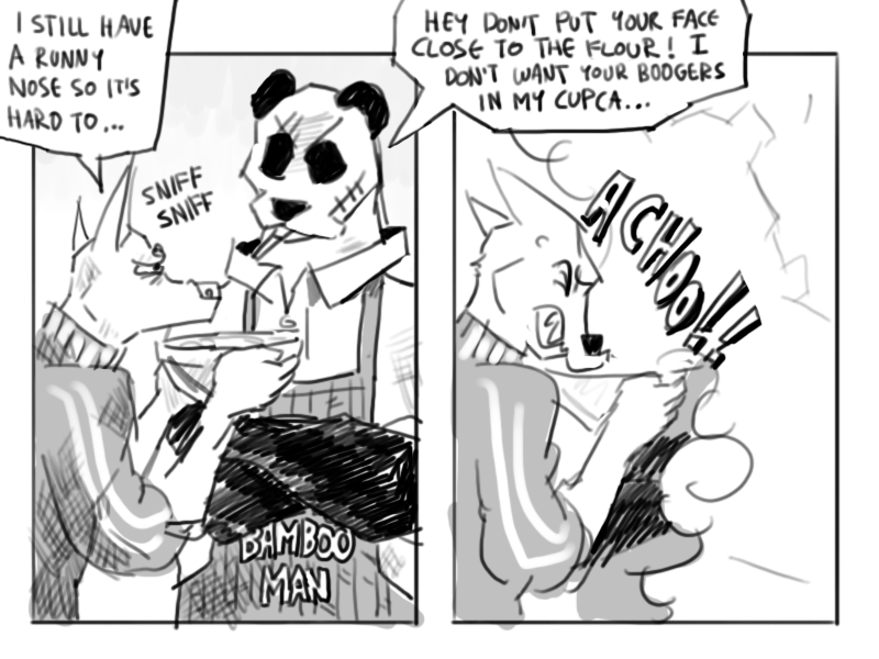 anthro cigarette duo flour male scar shaved sneeze speech_bubble standing text shtarfish beastars gouhin_(beastars) legoshi_(beastars) bear canid canine canis giant_panda mammal wolf 2017 4:3 english_text monochrome