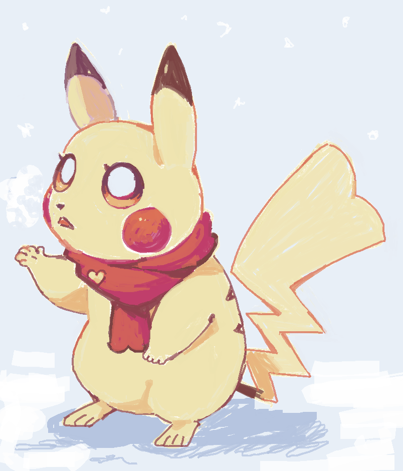 black_nose breath brown_eyes cheek_spots eyelashes female heart_symbol open_mouth outside pupils red_cheeks red_scarf scarf snow solo standing tail white_pupils winter yellow_body yellow_tail flavia-elric nintendo pokemon flavia_(flavia-elric) generation_1_pokemon pikachu pokemon_(species) 2022 digital_media_(artwork)