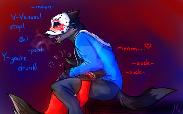 anthro anthro_on_anthro anthro_penetrated black_body black_fur blue_clothing blush clothed clothing deep_throat drunk duo eyes_closed fellatio fur grey_body grey_fur male male/male mask moan oral oral_penetration penetration penile red_clothing sex sitting substance_intoxication tail text youtuber sn0wyangel h2o_delirious vanoss canid canine canis mammal wolf 16:10 english_text widescreen