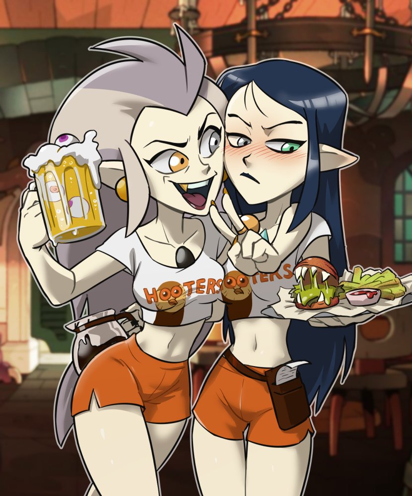 alcohol arm_around_neck beverage blue_hair blush bottomwear clothing condiment condiment_container container creature_print duo embarrassed female food gesture grey_hair hair hand_gesture heterochromia holding_object humanoid_pointy_ears mature_female midriff not_furry pointy_ears print_clothing print_shirt print_t-shirt print_topwear serving serving_food shirt shorts t-shirt text text_on_clothing text_on_shirt text_on_t-shirt text_on_topwear text_print topwear v_sign waiter centinel303 disney hooters the_owl_house eda_clawthorne lilith_clawthorne humanoid mammal witch_(the_owl_house) 2021 english_text sibling_(lore) sister_(lore) sisters_(lore)