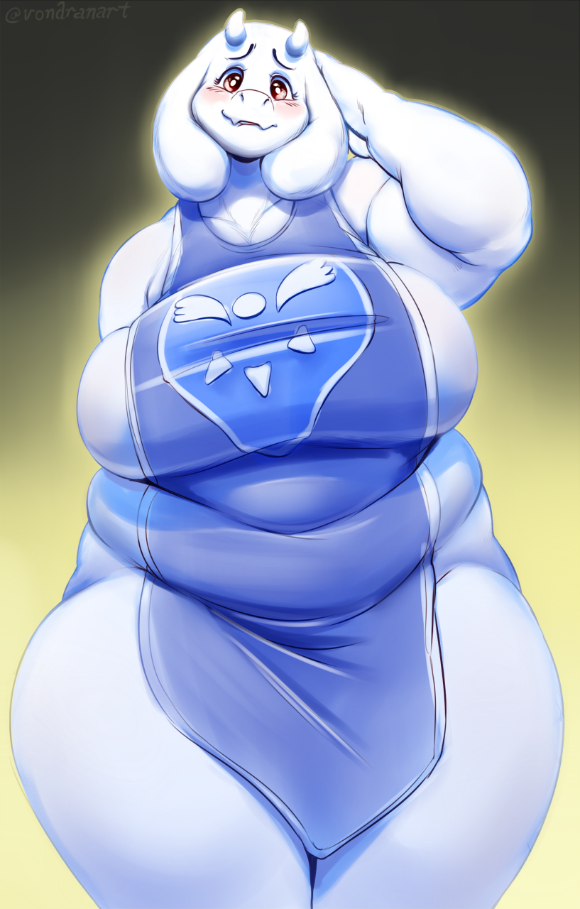 anthro belly big_breasts blush breasts clothed clothing female looking_at_viewer mature_anthro mature_female overweight overweight_anthro overweight_female side_boob smile solo standing thick_thighs vondranart undertale undertale_(series) toriel boss_monster_(undertale) bovid caprine mammal hi_res