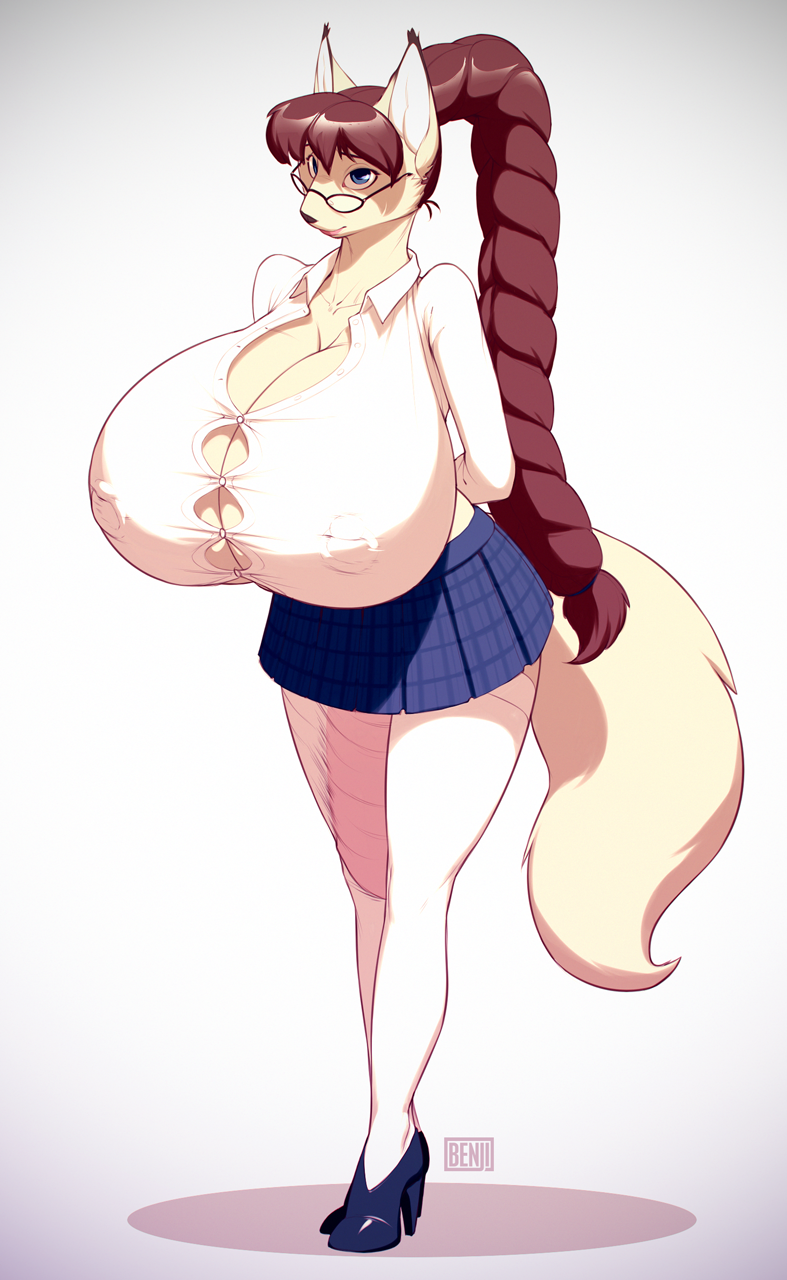 anthro big_breasts biped blue_eyes bottomwear breasts brown_hair bulge cleavage clothed clothing eyewear footwear glasses gynomorph hair high_heels huge_breasts intersex looking_at_viewer nipple_piercing nipples piercing ponytail shoes skirt solo bng canid canine canis mammal wolf hi_res