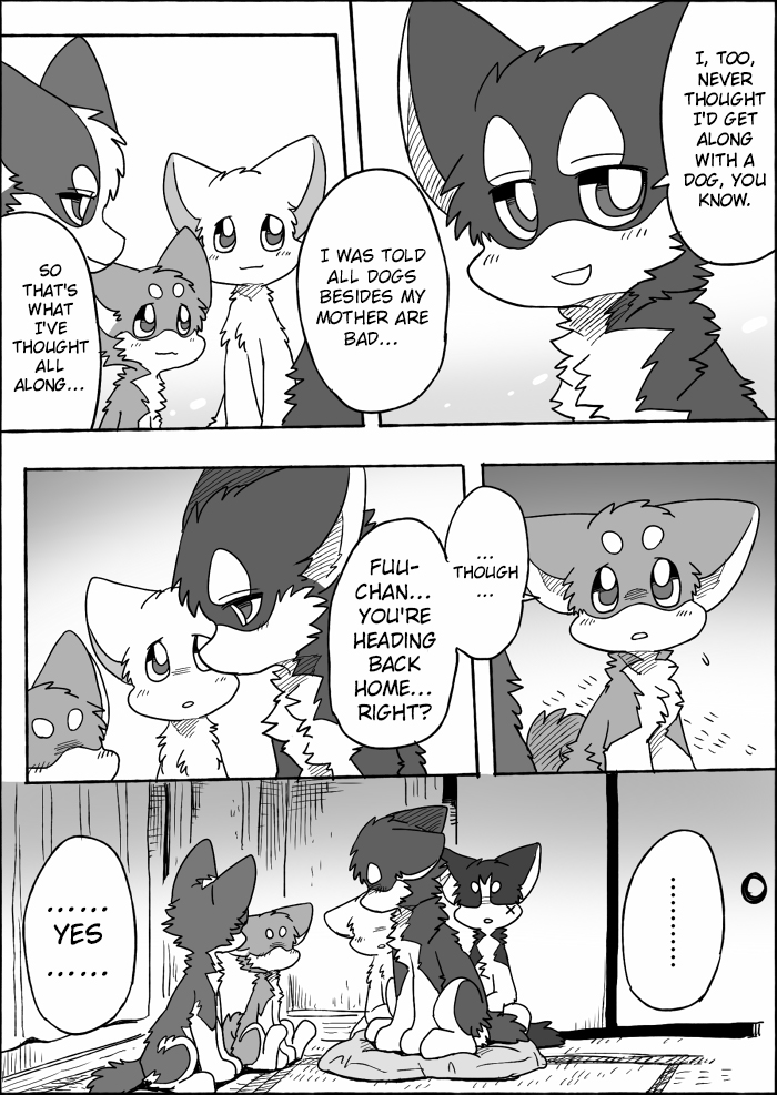 feral group semi-anthro text ayaka a-chan fuuga kyappy mashiro shibeta canid canine canis domestic_dog husky hybrid kishu_inu mammal nordic_sled_dog shiba_inu spitz wolfdog comic english_text monochrome