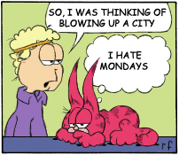 blonde_hair clothing dialogue duo feral fur hair humor looking_at_viewer male no_irises open_mouth parody purple_clothing red_body red_fur shirt text topwear what muddybloodybluesky garfield_(series) watchmen adrian_veidt bubastis garfield_the_cat jon_arbuckle ozymandias domestic_cat felid feline felis human mackerel_tabby mammal tabby_cat english_text low_res redraw thumbnail