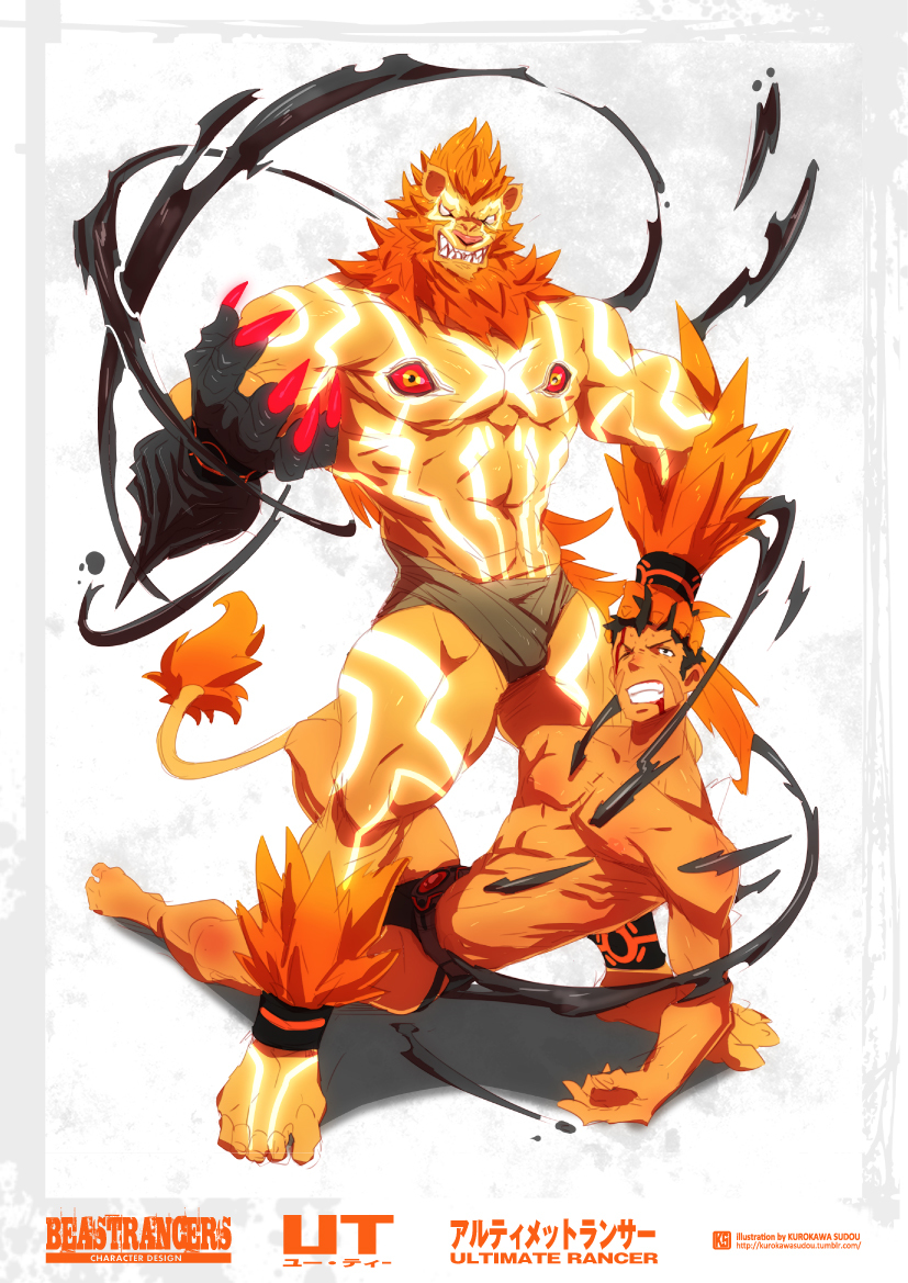 5_fingers 5_toes anthro black_bottomwear black_clothing black_hair black_underwear blood bodily_fluids bottomwear claws clothed clothing duo eye_nipples feet fingers fur glowing hair head_grab kuroishi_tetsu looking_at_viewer magic male muscular nipples orange_body orange_fur orange_hair red_claws simple_background standing teeth text toes topless underwear white_background kurokawasudou beastrancers ut_(beastrancers) felid lion mammal monster pantherine 2013 digital_media_(artwork) english_text japanese_text model_sheet