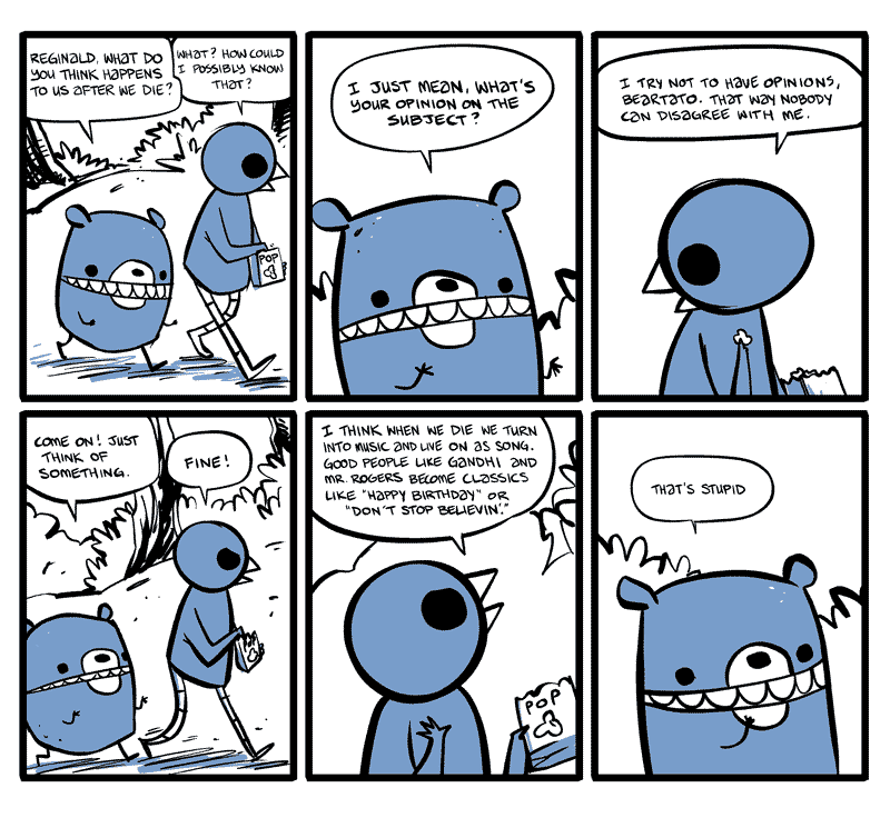 ambiguous_gender anthro beak death dialogue existential humor question speech_bubble text nedroid beartato reginald_(nedroid) avian bear bird mammal 2009 comic english_text