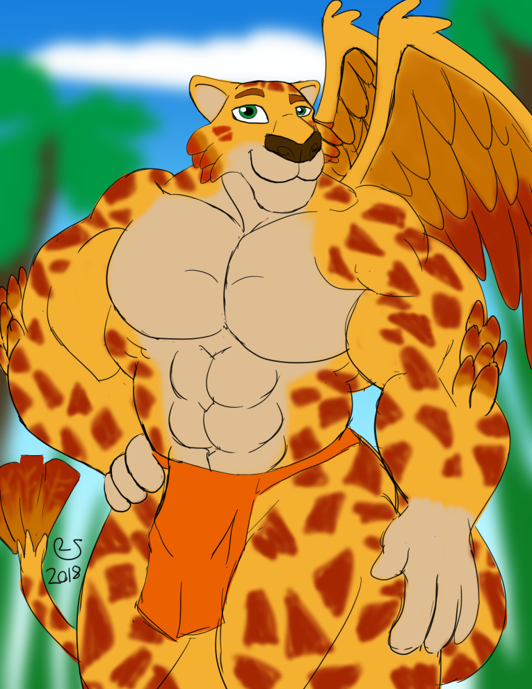 abs anthro bottomwear clothed clothing feathered_wings feathers fur green_eyes loincloth male markings muscular muscular_anthro muscular_male orange_body orange_feathers orange_fur smile solo spots spotted_body spotted_fur wings yellow_body yellow_fur caseyljones disney elena_of_avalor migs_(elena_of_avalor) felid jaquin mammal