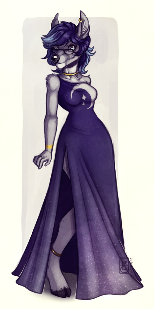 anthro blue_eyes blue_hair collar ear_piercing evening_gown eyewear female fur glasses gown grey_body grey_fur hair hooves piercing short_hair smile solo felidre_(artist) canid canine canis hybrid mammal wolf hi_res