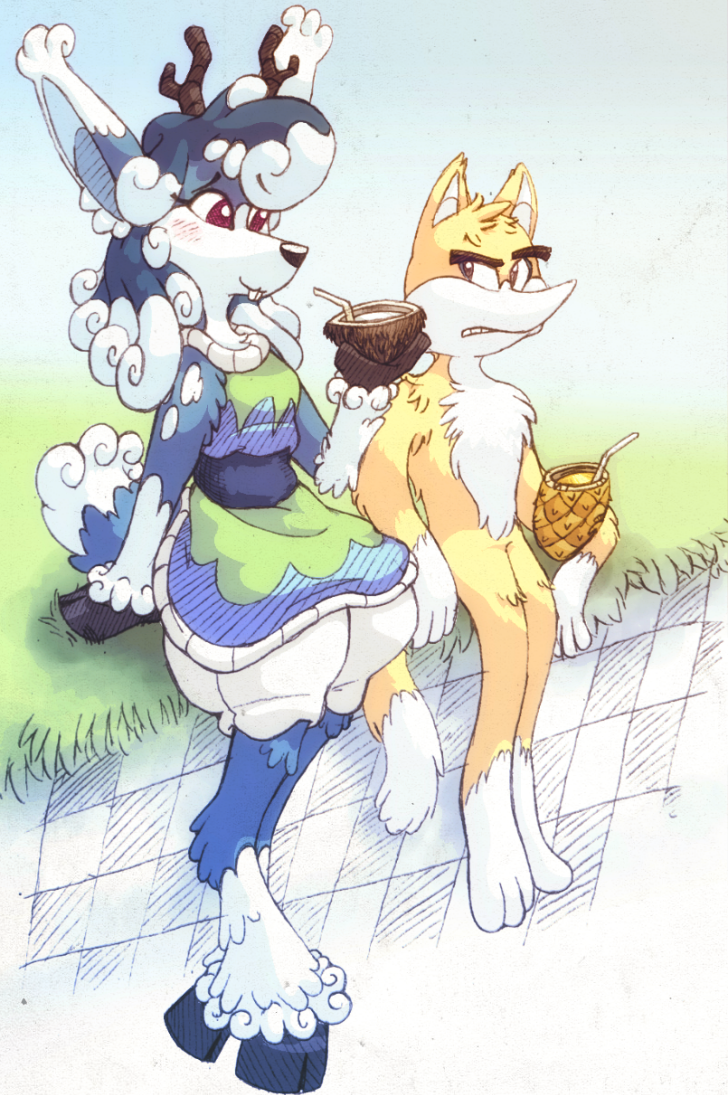 anthro antlers barefoot beverage blush duo feet female holding_beverage holding_object horn male sitting smile almyriganhero frebbventure drinn frebb deer domestic_cat felid feline felis mammal 2019 official_art