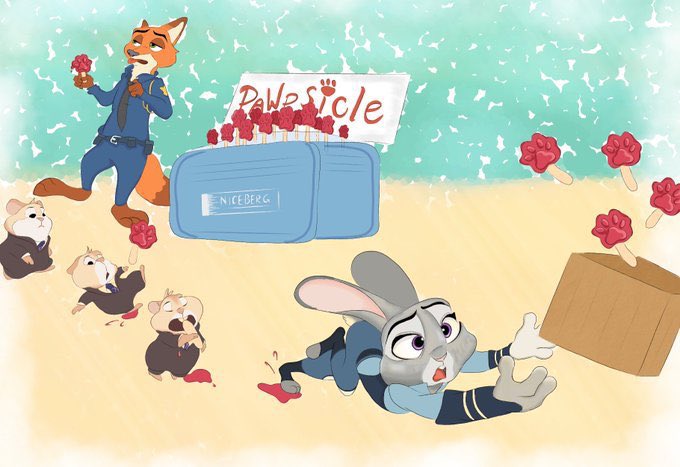 anthro barefoot belt bottomwear clothing feet food fur grey_body grey_fur group holding_food holding_object holding_popsicle necktie open_mouth orange_body orange_fur pants pawpsicle popsicle shirt topwear tripping fio_0220 disney zootopia judy_hopps nick_wilde canid canine cricetid fox hamster lagomorph leporid mammal rabbit red_fox rodent true_fox 2021