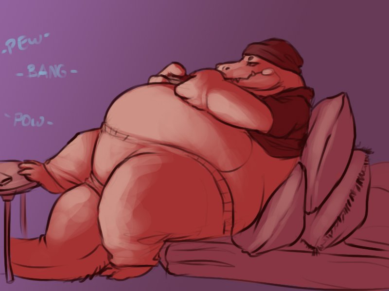 anthro beanie belly bottomwear clothed clothing controller furgonomic_bottomwear furgonomics gaming hat headgear headwear holding_controller holding_object male midriff obese obese_anthro obese_male overweight overweight_anthro overweight_male pillow playing_video_game reclining solo sound_effects tail tail_button_bottoms tail_clothing thick_thighs sugarboy alligator alligatorid crocodilian reptile scalie 4:3