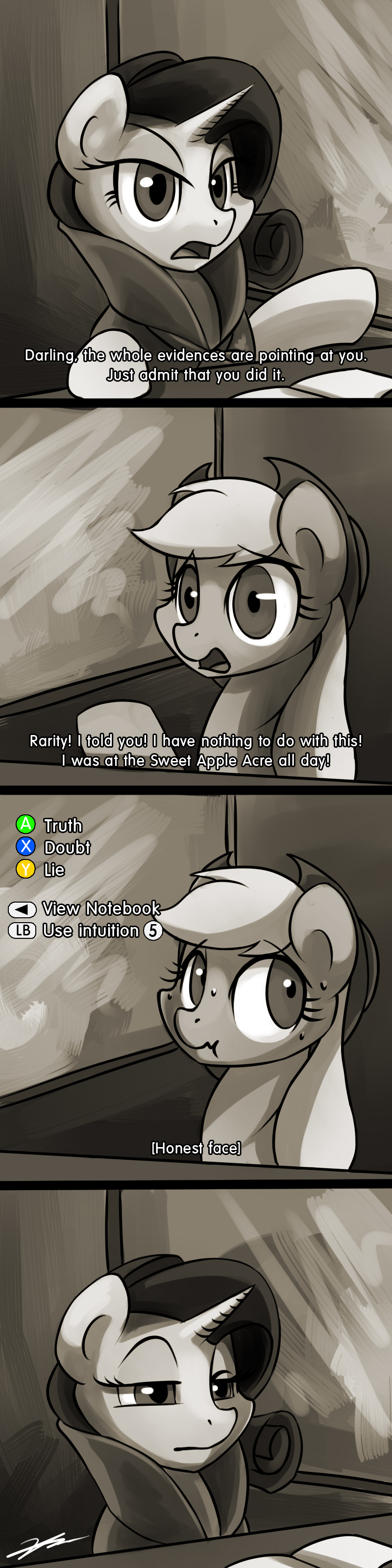 dialogue female feral horn text gasmaskfox friendship_is_magic hasbro my_little_pony mythology applejack_(mlp) noire rarity_(mlp) equid equine horse mammal mythological_creature mythological_equine pony unicorn 2016 absurd_res comic english_text hi_res long_image monochrome tall_image