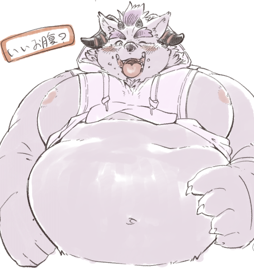 anthro belly blush humanoid_hands kemono male moobs navel nipples one_eye_closed overweight overweight_male simple_background solo text tongue tongue_out white_background wink exe_exem lifewonders tokyo_afterschool_summoners behemoth_(tas) 2021 digital_drawing_(artwork) digital_media_(artwork) japanese_text