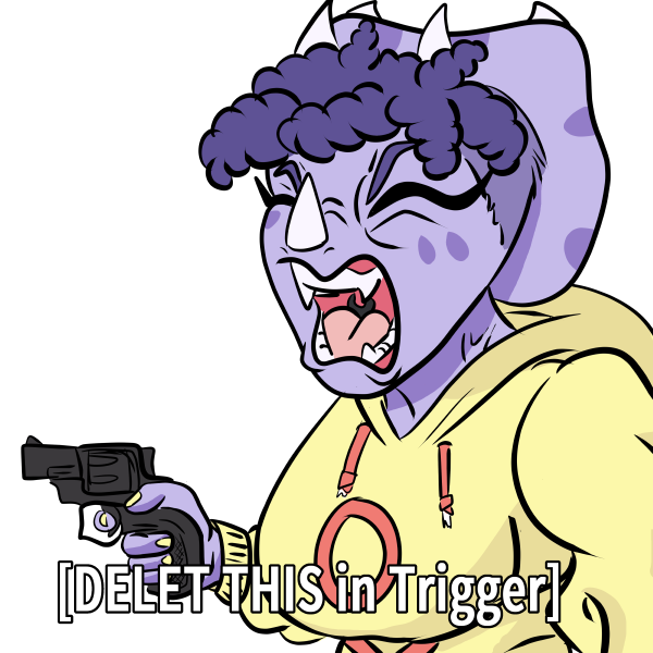 3_horns 5_fingers anthro bone_frill breasts clothing eyes_closed fantasy_slur female fingers frill_(anatomy) gun hair handgun holding_gun holding_handgun holding_object holding_ranged_weapon holding_revolver holding_weapon hoodie horn multi_horn open_mouth purple_body purple_hair racial_slur ranged_weapon revolver simple_background solo teeth text tongue topwear weapon adricktheboi cavemanon_studios delet_this goodbye_volcano_high snoot_game trish_(gvh) ceratopsian dinosaur ornithischian prehistoric_species reptile scalie triceratops 1:1 english_text meme