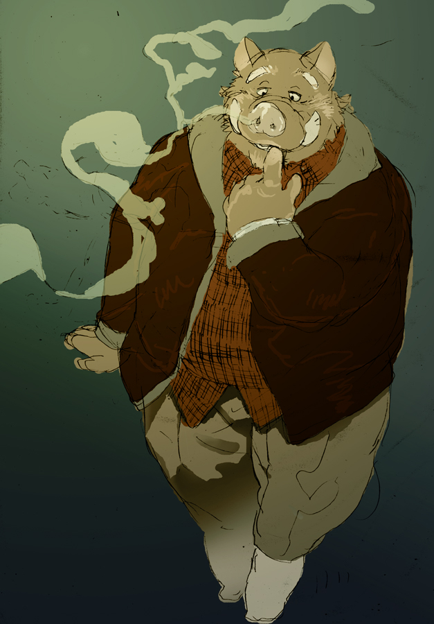 anthro belly bottomwear clothing humanoid_hands kemono male overweight overweight_anthro overweight_male pants shirt solo topwear daich mammal suid suine sus_(pig) wild_boar 2011