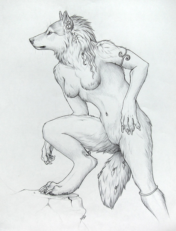 anthro breasts ear_piercing featureless_breasts featureless_crotch female heel_piercing naturally_censored nude piercing simple_background solo surface_piercing tail white_background myenia mythology canid canine canis mammal mythological_canine mythological_creature werecanid werecanine werecreature werewolf wolf