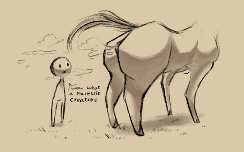 ambiguous_gender anus dialogue duo fart fart_cloud feral interjection simple_background standing tan_background text jubb equid equine horse human mammal 16:10 2019 digital_media_(artwork) english_text signature widescreen