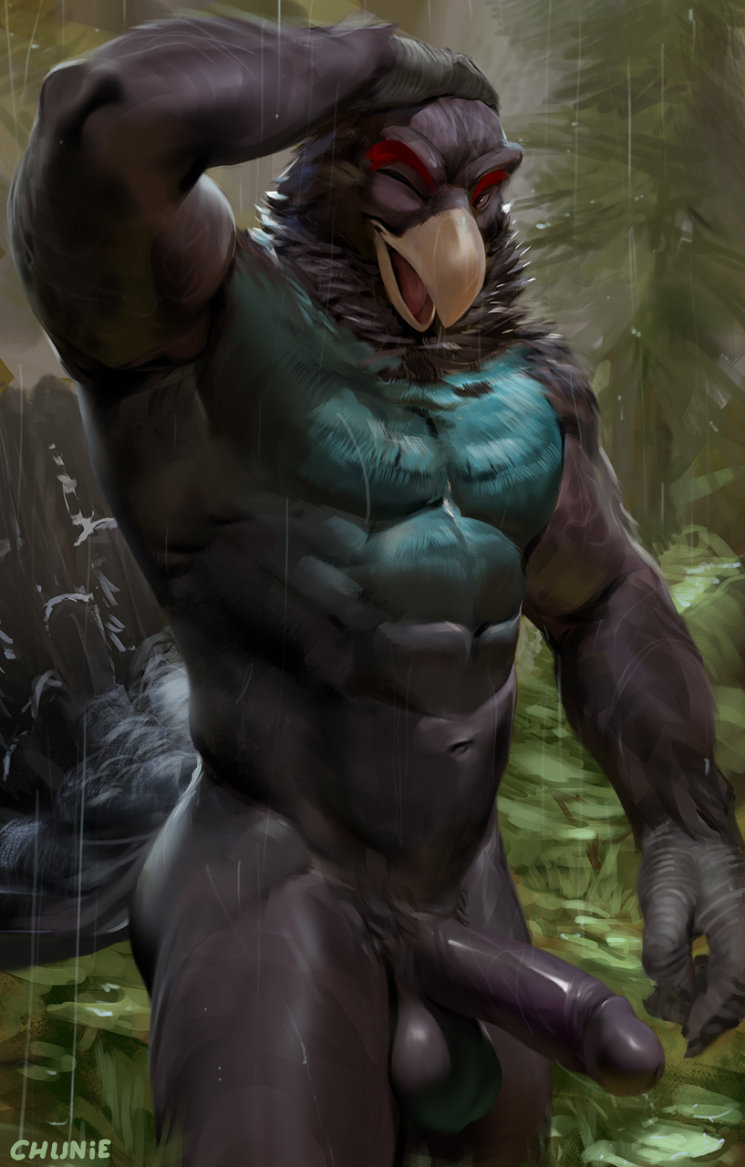 abs anthro balls beak black_balls black_body black_feathers black_glans black_penis brown_body brown_feathers butt chest_tuft claws detailed_background erection feathers featureless_chest foreskin genitals glans humanoid_genitalia humanoid_penis male muscular muscular_anthro muscular_male neck_tuft non-mammal_balls nude nude_anthro nude_male obliques one_eye_closed open_beak open_mouth outside pecs penis plant pubes raining retracted_foreskin scuted_arms scutes solo teal_body teal_feathers tongue tree tuft vein veiny_penis wink yellow_beak chunie avian bird capercaillie galliform grouse phasianid 2021 adobe_photoshop_(artwork) digital_media_(artwork) digital_painting_(artwork) hi_res portrait three-quarter_portrait