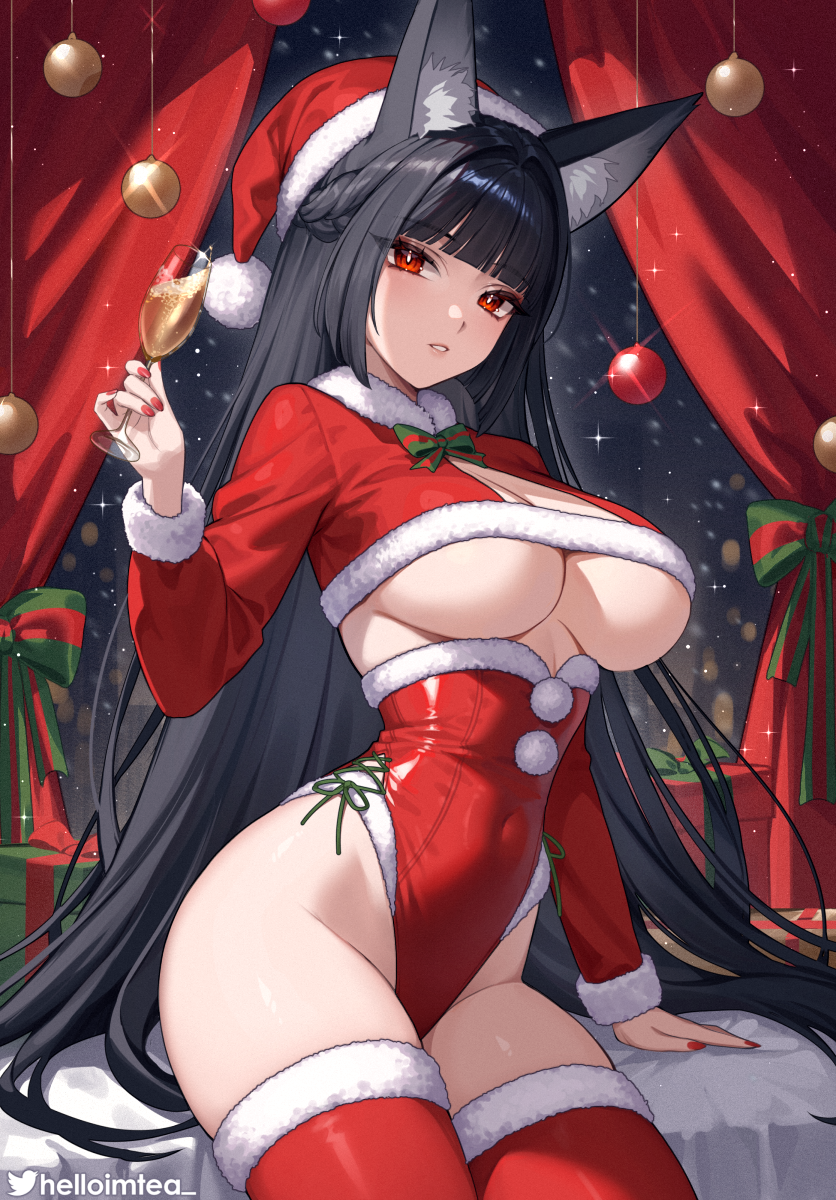 beverage big_breasts black_hair breasts christmas_clothing christmas_decorations christmas_headwear christmas_thigh_highs cleavage_cutout clothing curtains cutout eyebrow_through_hair eyebrows female fox_ears glass hair hat headgear headwear holidays inner_ear_fluff leotard long_hair looking_at_viewer santa_hat sitting smile snowflake solo translucent translucent_hair tuft under_boob window helloimtea christmas mihoyo zenless_zone_zero miyabi_(zenless_zone_zero) animal_humanoid canid canid_humanoid canine canine_humanoid fox_humanoid humanoid mammal mammal_humanoid hi_res