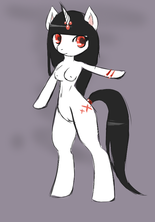 anthro biped black_hair breasts cutie_mark female genitals grey_background hair hooves horn pussy red_eyes simple_background solo standing white_body ere-yandara hasbro my_little_pony mythology fan_character equid equine mammal mythological_creature mythological_equine unicorn 2014