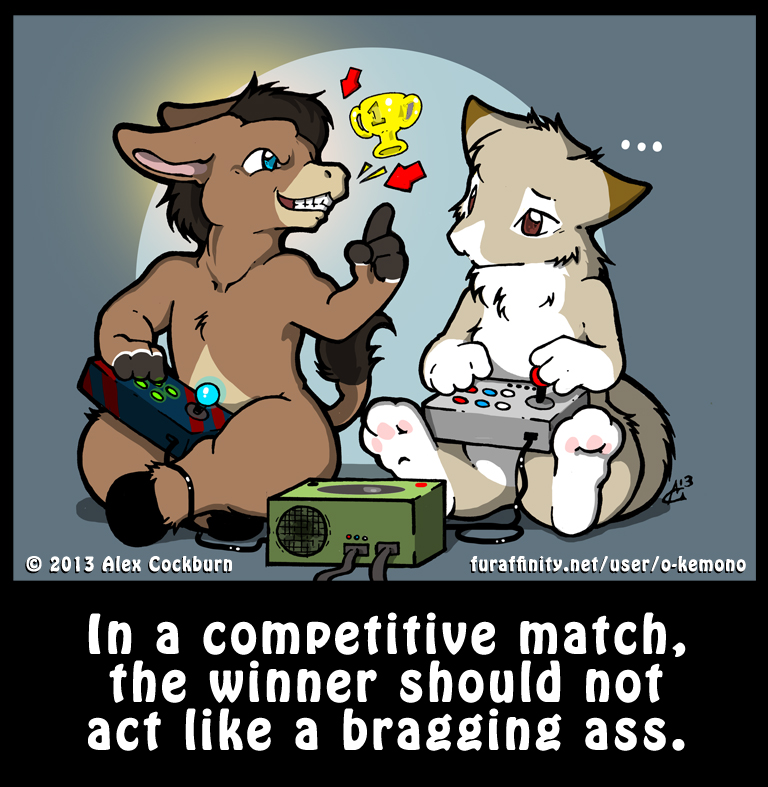 ambiguous_gender award blue_eyes brown_body brown_eyes brown_fur brown_hair chibi controller duo electronics ellipsis fur game_console game_controller grin hair humor kemono nude pawpads pun smile tan_body tan_fur teeth text trophy visual_pun white_body white_fur o-kemono asinus donkey equid equine mammal unknown_species 2013 english_text story story_in_description