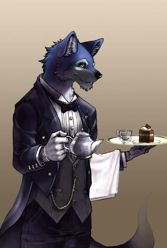 anthro beverage bow_(feature) bow_tie butler cake classy dessert food male solo tail tea waiter emboss0320 canid canine canis mammal wolf