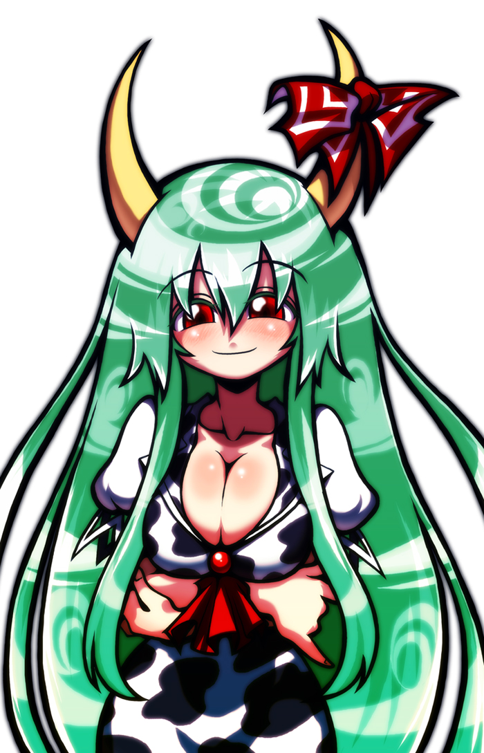 accessory animal_print big_breasts bow_ribbon breasts cleavage clothed clothing cow_print crossed_arms dress female furgonomics green_hair hair horn horn_accessory horn_bow horn_ribbon long_hair looking_at_viewer not_furry red_eyes ribbons simple_background smile solo white_background wide_hips ichi_(ichikai) ichikai touhou ex-keine keine_kamishirasawa keine_kamishirasawa_(hakutaku) horned_humanoid humanoid