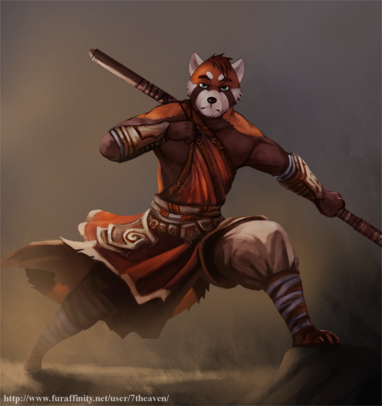 action_pose anthro clothed clothing fur male monk pose solo staff 7theaven blizzard_entertainment diablo_3 monk_(diablo_3) ailurid mammal red_panda 2017