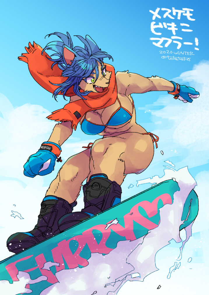 anthro bikini bikini_snowboarding bikini_top blue_hair boots brown_body brown_fur clothing day female footwear fur gloves green_eyes hair handwear open_mouth outside scarf shoes smile snow snowboard snowboarding solo swimwear two-piece_swimsuit teteteko canid mammal 2020