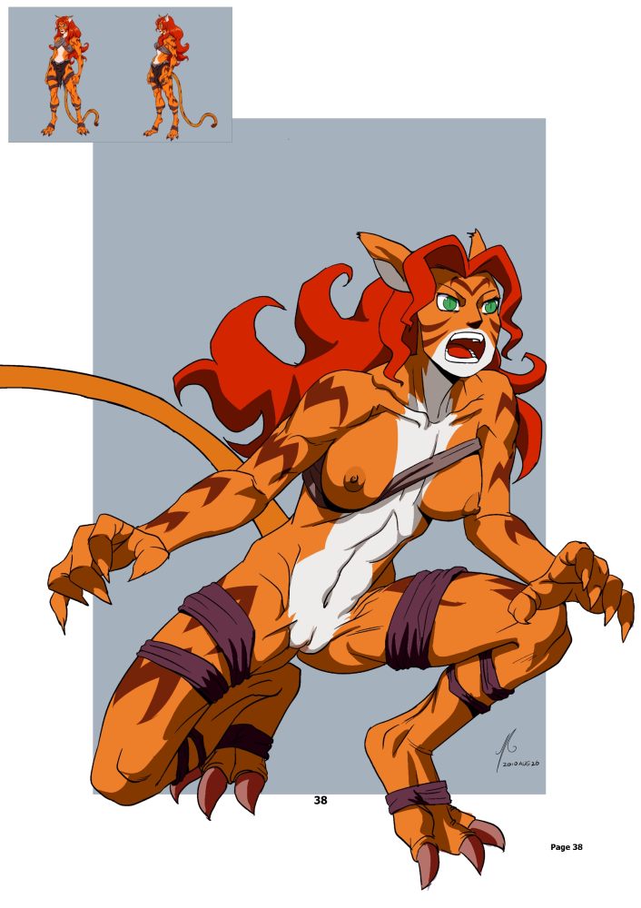 anthro bandage breasts claws clothed clothing digitigrade female fur genitals green_eyes hair insert nipples open_mouth orange_body orange_fur pose pussy red_hair simple_background skimpy solo teeth tongue unknown_artist chaotic intress overworlder_(species)