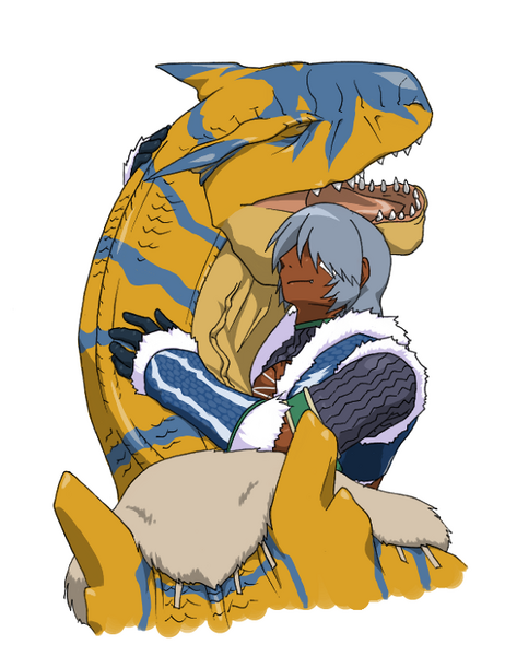 clothing duo hug male da_shangzhi_zhi capcom european_mythology monster_hunter mythology dragon flying_wyvern human mammal mythological_creature mythological_scalie pseudowyvern scalie tigrex western_dragon wyvern