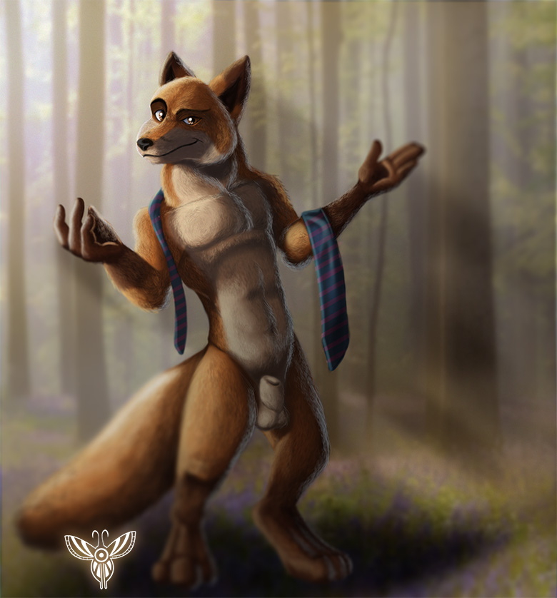 animal_genitalia anthro balls clothing countershading detailed_background forest fully_sheathed fur genitals looking_at_viewer male nature nude outside plant sheath solo tree jakensitou disney zootopia nick_wilde canid canine fox mammal red_fox true_fox 2015