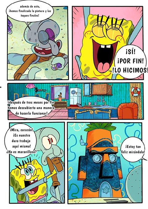 alternate_costume anthro base_three_layout blockage_(layout) clothed clothing detailed_background dialogue duo five_frame_image flower flower_cloud_(spongebob) horizontal_blockage male on_model plant smile speech_bubble squidward's_house text three_row_layout toony pancaketiffy nickelodeon spongebob_squarepants spongebob_squarepants_(character) squidward_tentacles cephalopod coleoid marine mollusk octopodiform octopus sea_sponge comic spanish_text translation_check translation_request