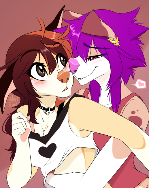 anthro breasts brown_hair clothed clothing duo eyebrows eyelashes female female/female hair hug purple_hair smile wolflady danika_(wolflady) sussan canid canine canis domestic_dog mammal 2023 digital_media_(artwork)