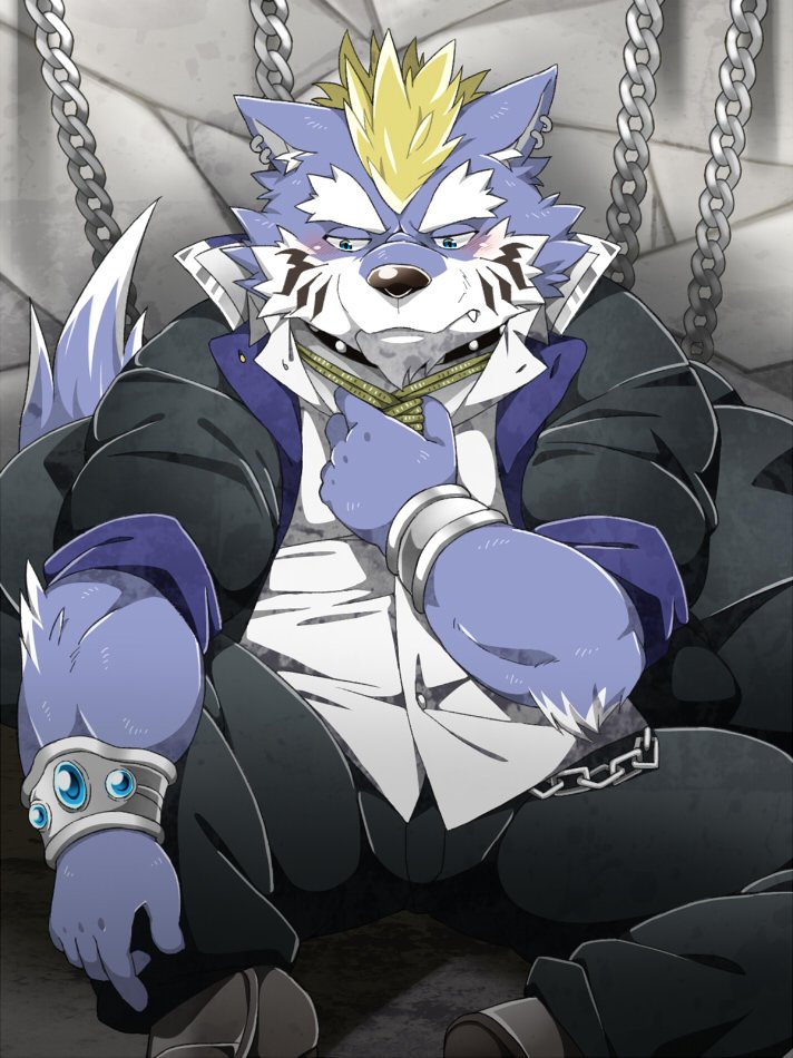 anthro black_nose blue_body blush bottomwear bound chain chained clothing detailed_background kemono male pants shirt sitting solo topwear white_body nikiciy lifewonders tokyo_afterschool_summoners fenrir_(tas) canid canine canis mammal wolf 2017