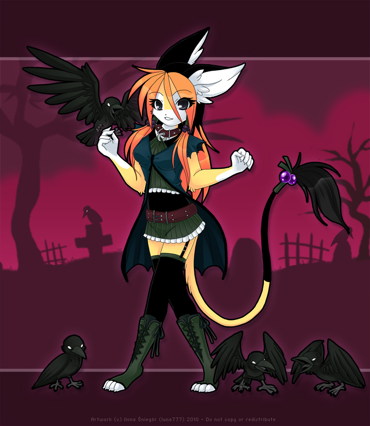 absolute_territory anthro beak black_eyes bone bottomwear cemetery clothed clothing collar dark female footwear hair legwear long_hair looking_at_viewer outside plant red_hair skirt skull socks solo tail tail_tuft tail_under_skirt thigh_highs toeless_footwear toeless_socks tree tuft walking wood luna777 taratsu_(character) avian bird corvid corvus_(genus) crow moondog oscine passerine warm_colors