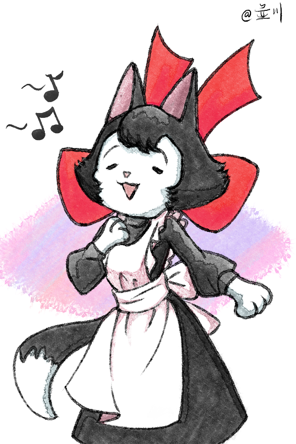 accessory anthro anthrofied apron black_body black_clothing black_dress black_fur black_tail bow_ribbon clothed clothing daww dress eyes_closed female fully_clothed fur hair_accessory hair_bow hair_ribbon happy musical_note musical_symbol pawpads red_bow ribbons singing smile solo standing symbol tail white_apron white_body white_clothing white_fur white_pawpads white_tail young fxrheisenn osamu_tezuka sanrio unico_(series) katy_the_cat_(unico) domestic_cat felid feline felis mammal 2022 2:3 digital_drawing_(artwork) digital_media_(artwork)