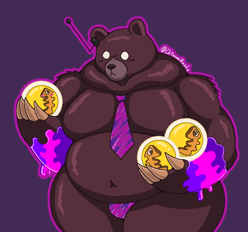 anthro beady_eyes belly biped blush brown_body brown_fur bulge claws clothed clothing fur golden_egg headgear male moobs navel necktie overweight overweight_male partially_clothed purple_background simple_background slime solo solo_focus thick_thighs underwear ch4mm0zotz nintendo splatoon mr._grizz bear mammal