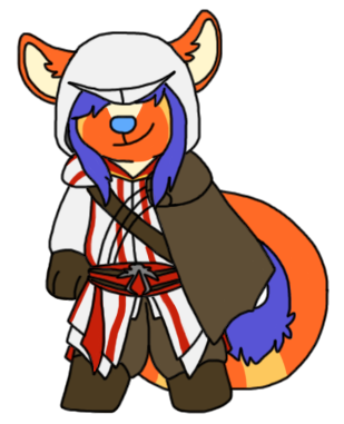 ambiguous_gender anthro blue_nose boots cape chibi clothed clothing cosplay costume curled_tail footwear fully_clothed fur gloves hair hair_over_eyes handwear hood long_tail markings orange_body orange_fur purple_hair shoes simple_background smile solo standing tail transparent_background white_inner_ear yellow_markings sebdoggo assassin's_creed ubisoft mammal 2013 adobe_photoshop_(artwork) alpha_channel digital_drawing_(artwork) digital_media_(artwork) flat_colors full-length_portrait low_res portrait