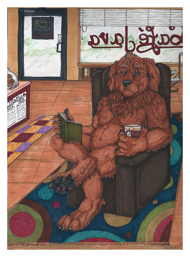 anthro beverage blinds blue_eyes book border brown_eyebrows brown_hair carpet chair checkered_carpet claws coffee_mug coffee_shop container cup detailed_background dewlap_(anatomy) electricity eyebrows floor food furniture green_book grey_claws grey_pawpads hair jowls male menu muffin multicolored_carpet musclegut muscular neck_tuft nude on_chair open_book pawpads shaggy_fur sign sitting sitting_on_chair solo tasteful_nudity tea tea_bag tea_cup tuft white_border wood wood_floor flomutt devin_d_parlett canid canine canis domestic_dog mammal molosser mountain_dog newfoundland_dog 2013 traditional_media_(artwork)