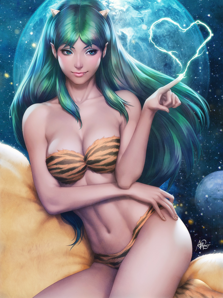 animal_print bikini breasts cleavage clothed clothing electricity eyelashes fang_out fangs female fingernails green_eyes green_hair hair heart_symbol horn lips long_hair matching_hair/eyes medium_breasts nails navel pointy_ears realistic solo swimwear teeth tiger_print two-piece_swimsuit artgerm urusei_yatsura lum_(urusei_yatsura) humanoid 3:4 signature