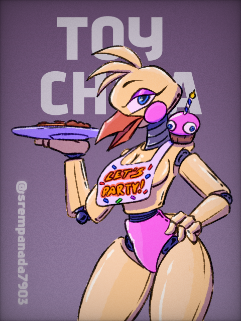 anthro beak bib blue_eyes breasts clothing doll_joints eyelashes female food hand_on_hip holding_plate looking_at_viewer machine panties pink_cheeks pink_clothing pink_panties pink_underwear pizza pizza_slice rosy_cheeks solo underwear yellow_body sr_empanada five_nights_at_freddy's five_nights_at_freddy's_2 scottgames cupcake_(fnaf) toy_chica_(fnaf) animatronic avian bird chicken galliform gallus_(genus) phasianid robot 2024 3:4 digital_media_(artwork)