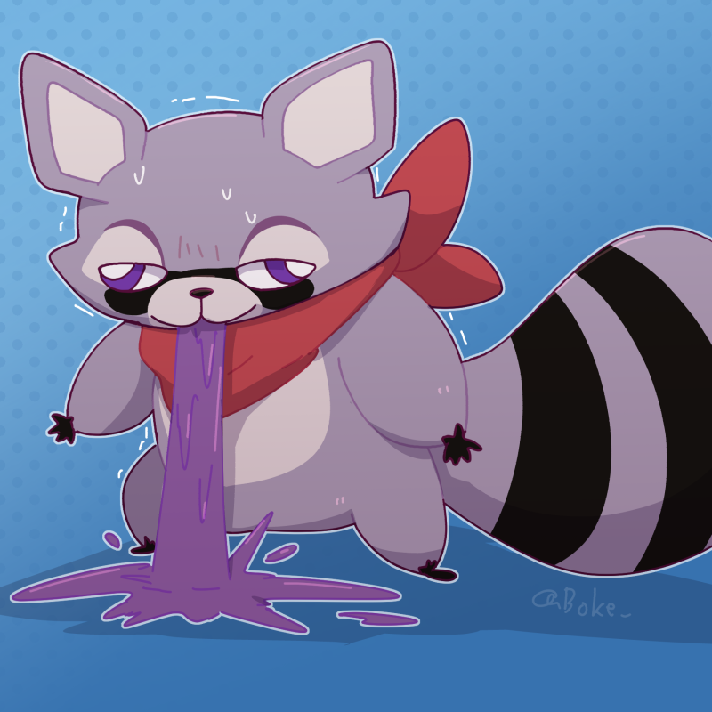 ambiguous_gender anthro bodily_fluids kerchief purple_vomit solo vomit vomiting boke_(artist) indigo_park rambley_raccoon mammal procyonid raccoon 1:1