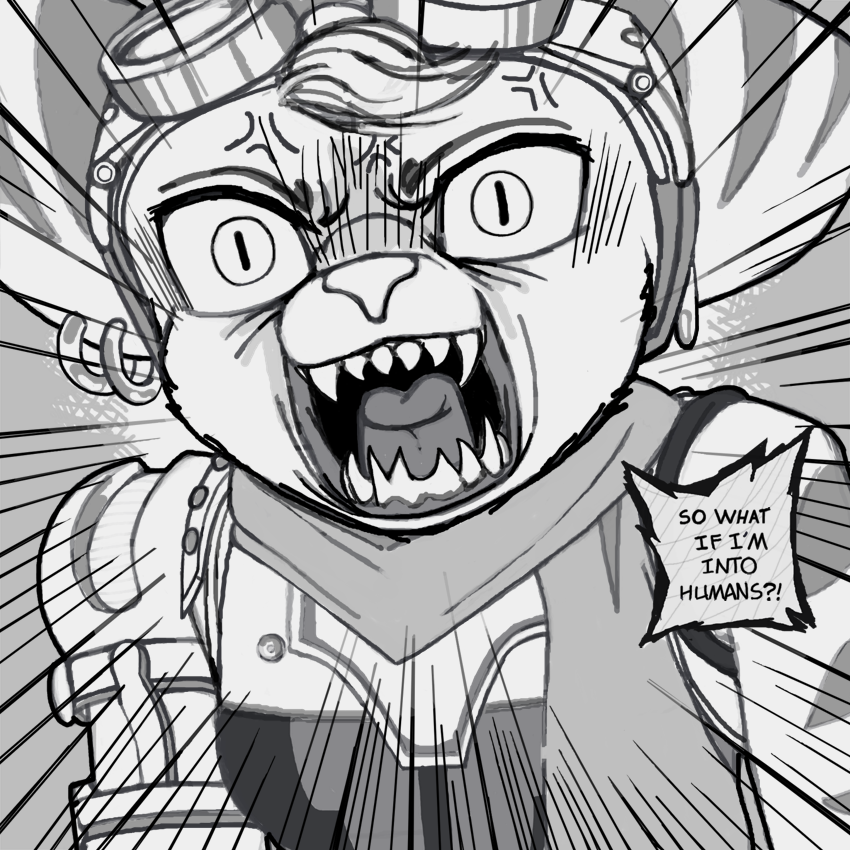 angry anthro cross-popping_vein dialogue ear_piercing ear_ring eyewear fangs female goggles hominophilia parody piercing prosthetic prosthetic_arm prosthetic_limb pupils reverse_furry ring_piercing scarf slit_pupils solo teeth text zoom_lines unknown_artist ratchet_and_clank sony_corporation sony_interactive_entertainment rivet_(ratchet_and_clank) lombax mammal 1:1 comic greyscale monochrome